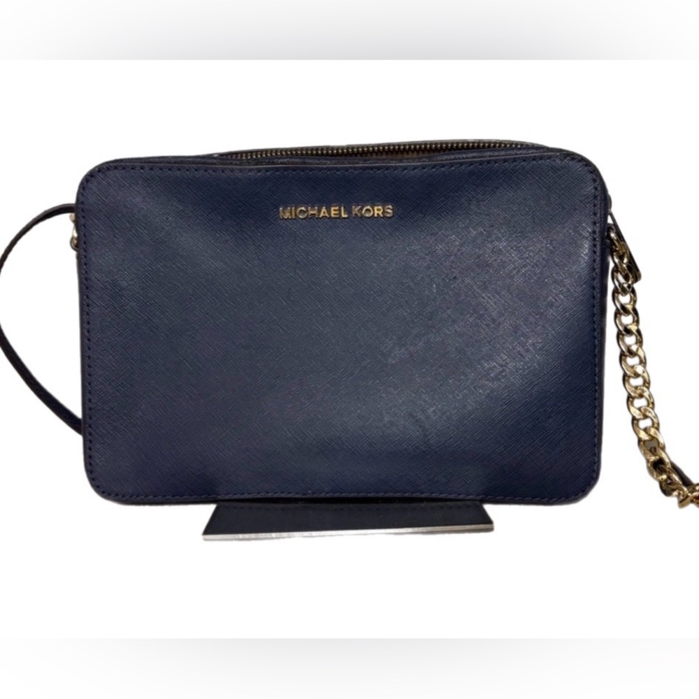 Michael Kors Navy Blue Leather Crossbody with Gold Chain